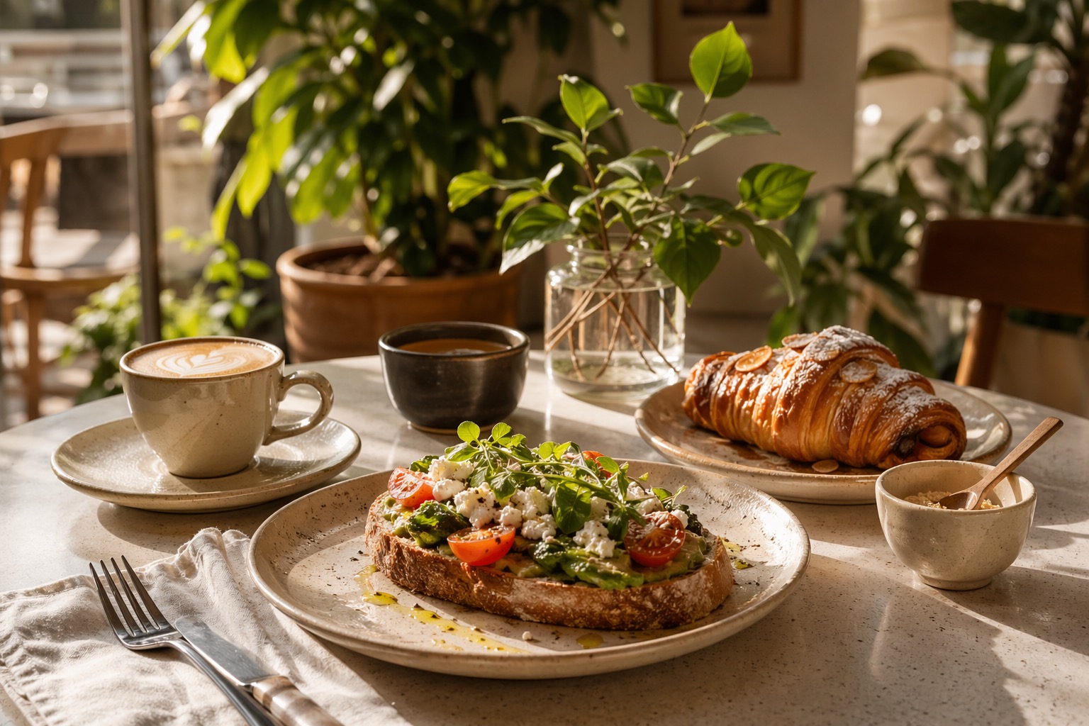 Interior del cafe con plantas y mesas